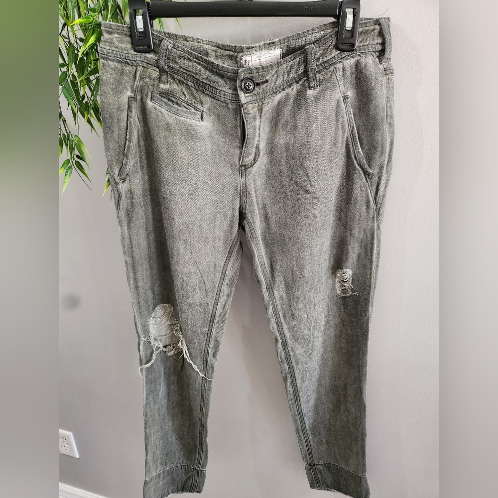 Free People Women’s Washed Out Black-Gray, Distressed, Low Rise Jeans
